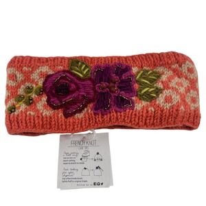 French Knot Orange‎ Wool Floral Embroidered Beaded Headband Ear Warmer Boho NWT